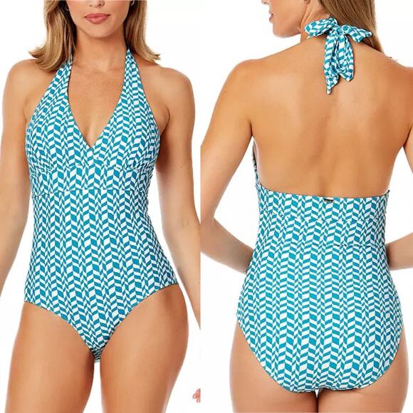 Anne Cole Halter V-Neck One Piece Swimsuit Geometric Blue/White Women's 8 NWT - Picture 1 of 11
